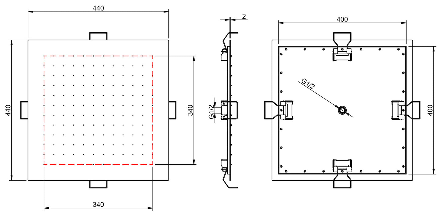 Rubinetterie Treemme 3M Showers IT RTBR 484 IS Soffione Doccia ad Incasso a Soffitto Per Controsoffitto Forma Quadrata Misura 440x440 mm Uscita Acqua a Pioggia Stile Moderno Materiale Acciaio Finitura Inox Spazzolato Opaco