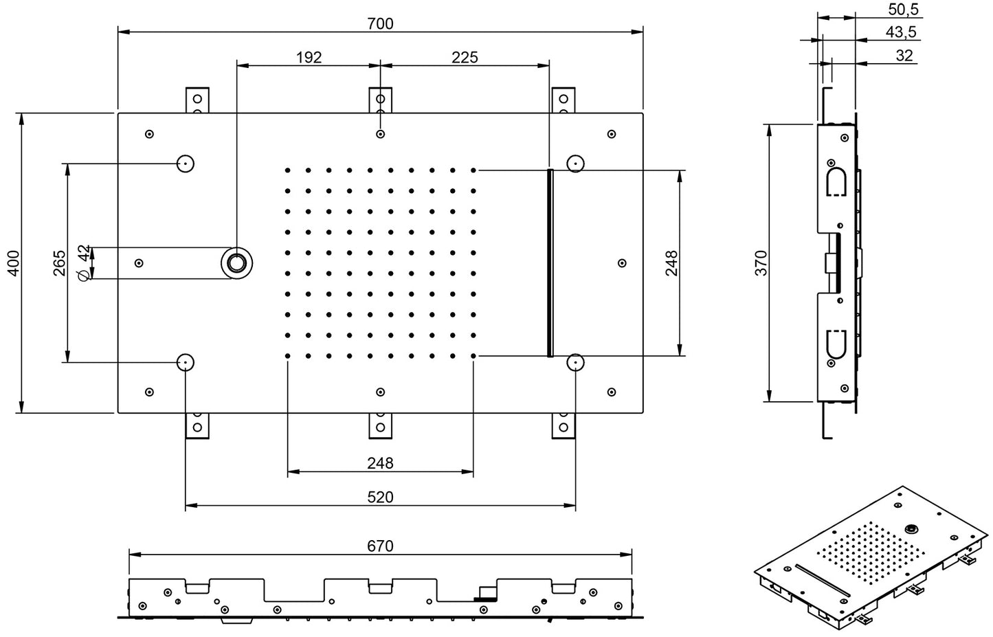 Rubinetterie Treemme SHOWERS Soffione Doccia Rettangolare Soffitto Ad Incasso 700x400 mm Con Pioggia Cascata Nebulizzatori Getto Stile Moderno Materiale Acciaio Finitura Acciaio Spazzolato Opaco Inox