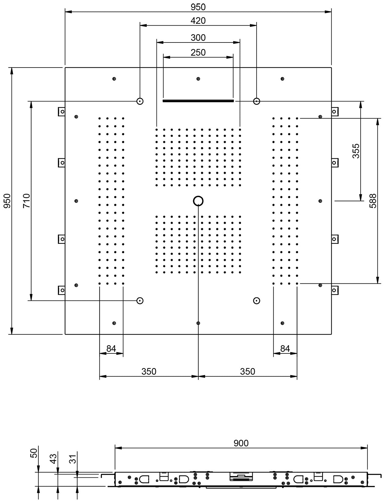 Rubinetterie Treemme SHOWERS Soffione Doccia Quadrato Soffitto Ad Incasso 950x950 mm Con Pioggia Cascata Nebulizzatori e Getto Stile Moderno Materiale Acciaio Finitura Acciaio Spazzolato Opaco Inox