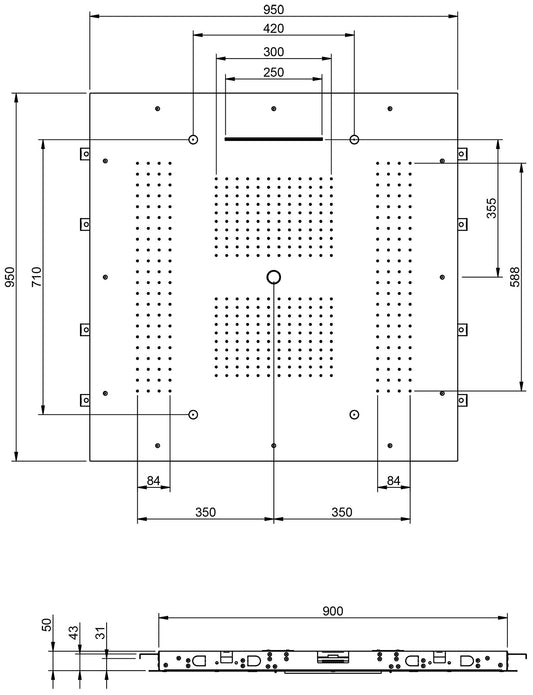 Rubinetterie Treemme SHOWERS Soffione Doccia Quadrato Soffitto Ad Incasso 950x950 mm Con Pioggia Cascata Nebulizzatori e Getto Stile Moderno Materiale Acciaio Finitura Acciaio Spazzolato Opaco Inox