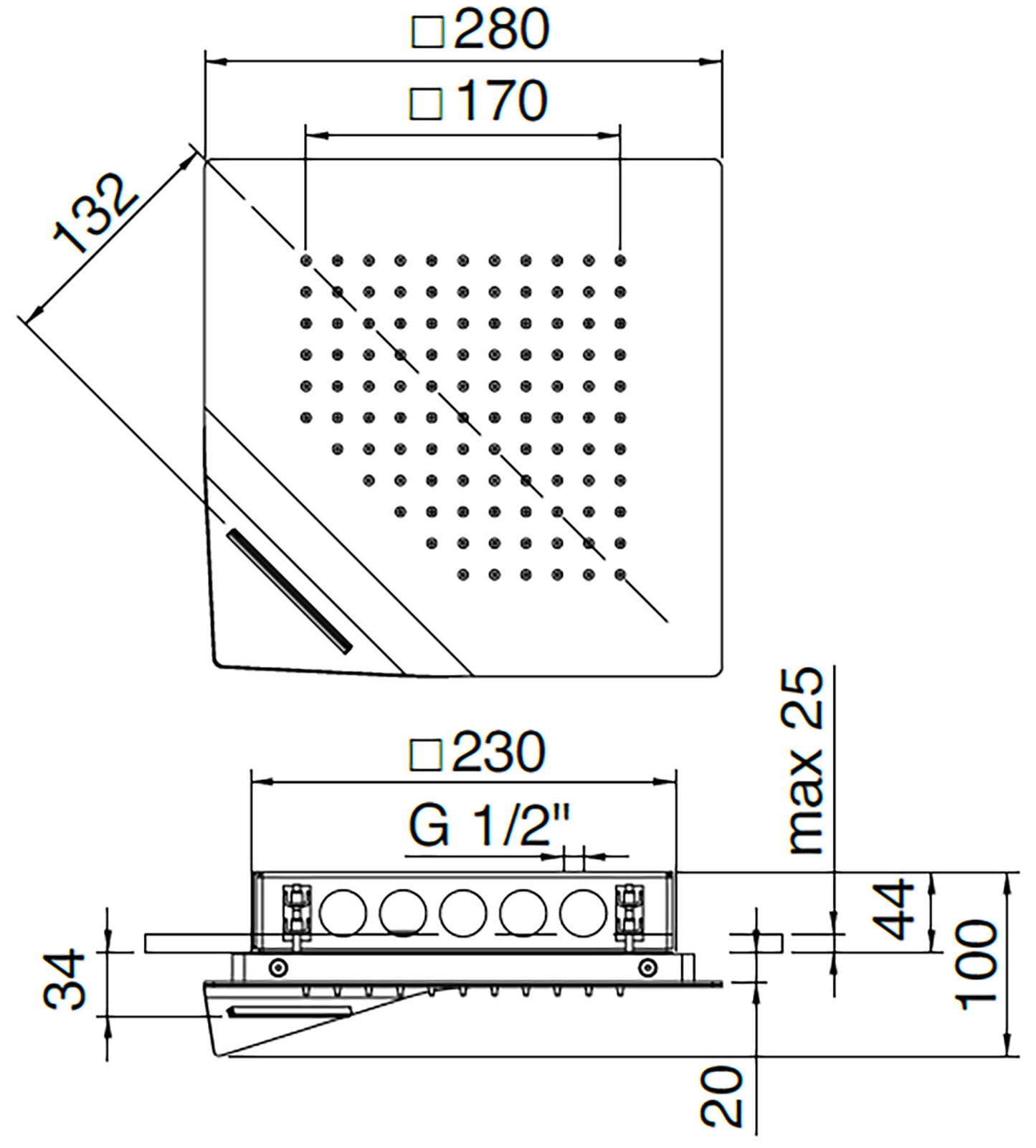 Rubinetterie Treemme SHOWERS Soffione Doccia Quadrato Soffitto Per Controsoffitto Ad Incasso 280x280 mm Con Pioggia E Cascata Stile Moderno Materiale Acciaio Finitura Acciaio Spazzolato Opaco Inox