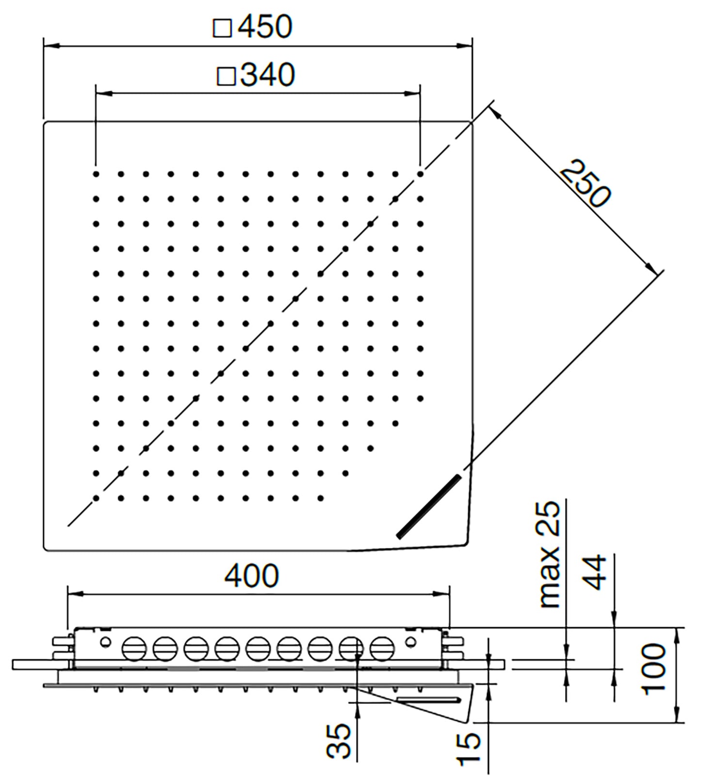 Rubinetterie Treemme SHOWERS Soffione Doccia Quadrato Soffitto Controsoffitto Ad Incasso 450x450 mm Con Pioggia E Cascata Stile Moderno Materiale Acciaio Finitura Acciaio Spazzolato Opaco Inox