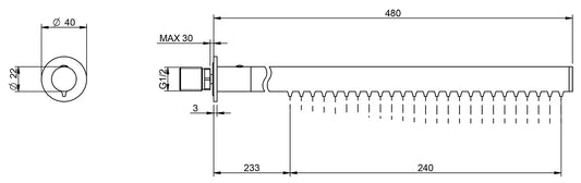 Rubinetterie Treemme 3M Showers RWIT 1147 IS 03 Soffione Doccia A Parete Tubolare Cilindrico Rotondo Lunghezza 480 mm Diametro Ø 22 mm Getto a Pioggia Stile Moderno Materiale Acciaio Finitura Inox Spazzolato Opaco