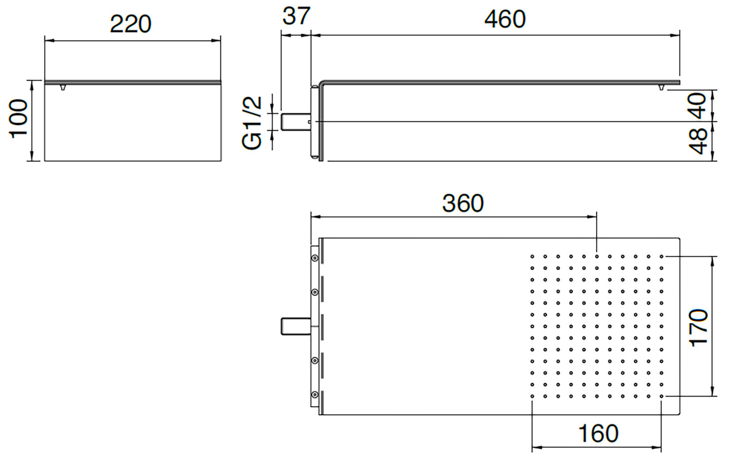Rubinetterie Treemme 3M Showers RWIT 2847 IS 02 Soffione Doccia A Parete Forma L Mensola Rettangolare Con Funzione Pioggia 220 Misura 460x220 mm Stile Moderno Acciaio Finitura Inox Spazzolato Opaco