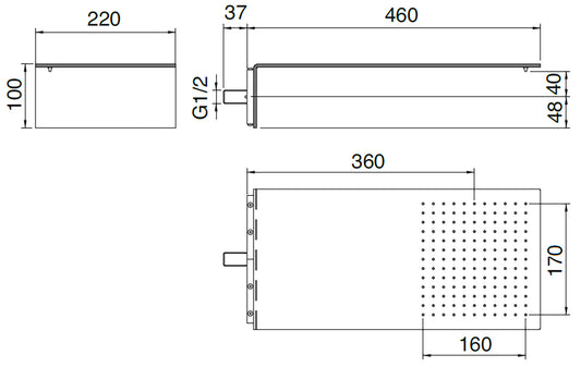 Rubinetterie Treemme 3M Showers RWIT 2847 IS 02 Soffione Doccia A Parete Forma L Mensola Rettangolare Con Funzione Pioggia 220 Misura 460x220 mm Stile Moderno Acciaio Finitura Inox Spazzolato Opaco
