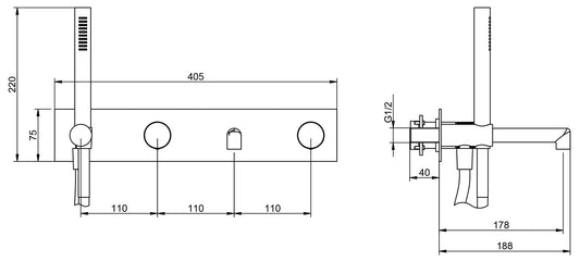 Rubinetterie Treemme 3M T30 RWIT 5BD7 CC Z4 + RWIT 51D7 ZZ 12 Miscelatore Vasca / Doccia Meccanico Incasso Muro Parte Interna Esterna Inclusa 4 Fori Con Piastra Ottone Cromata Monocomando 2 Leve Manopole Stile Moderno Doccetta Metallo Flessibile PVC