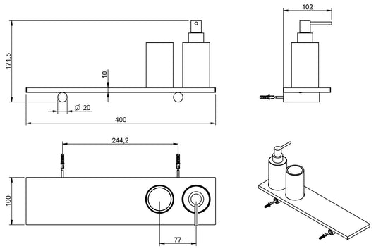 Rubinetterie Treemme 3M TAG# Filo IT 2Z73 CC ZZ ZZ Portadosatore Portadispenser Sapone Portabicchiere Portaoggetti Per Bagno Installazione A Parete Larghezza 400 mm Profondità 100 mm Ottone Cromato Con Bicchiere Dosatore e Piano In Pom C Bianco
