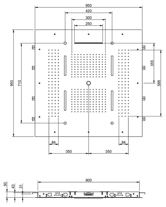 Rubinetterie Treemme 3M W-70S IT RTBR 589 CC Soffione Doccia ad Incasso a Soffitto Forma Quadrata Misura 950x950 mm Uscita Acqua a Pioggia Cascata Nebulizzatori Getto Cromoterapia Stile Moderno Materiale Acciaio Inox Finitura Cromata