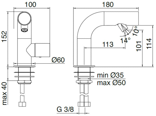 Rubinetterie Treemme 3M WaterTube IT 4A22 IS WT ZZ Miscelatore Monocomando Bidet Monoforo Appoggio 1 Manopola Stile Moderno Forma Tubo Tondo Miscelazione Meccanica Altezza 152 mm Lunghezza 180 mm Materiale Acciaio Finitura Inox Spazzolato Opaco