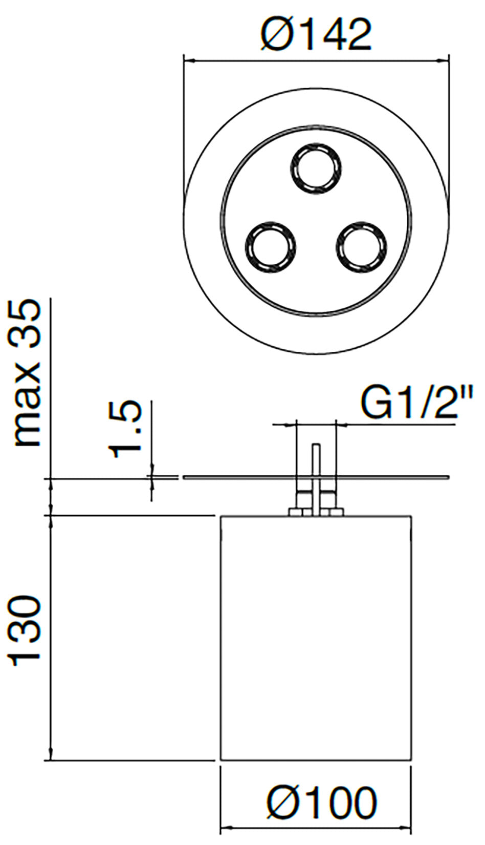 Rubinetterie Treemme 3M WaterTube IT RTBR 414 IS Soffione Doccia A Soffitto Forma Rotonda Cilindrica Uscita Acqua Pioggia Diametro Ø 142 mm Stile Moderno Acciaio Finitura Inox Spazzolato Opaco