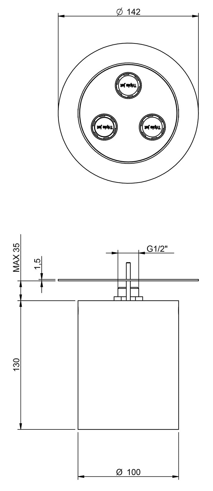 Rubinetterie Treemme 3M WaterTube IT RTBR 418 IS Soffione Doccia A Soffitto Forma Rotonda Cilindrica Uscita Acqua Nebulizzatore Diametro Ø 142 mm Stile Moderno Acciaio Finitura Inox Spazzolato Opaco