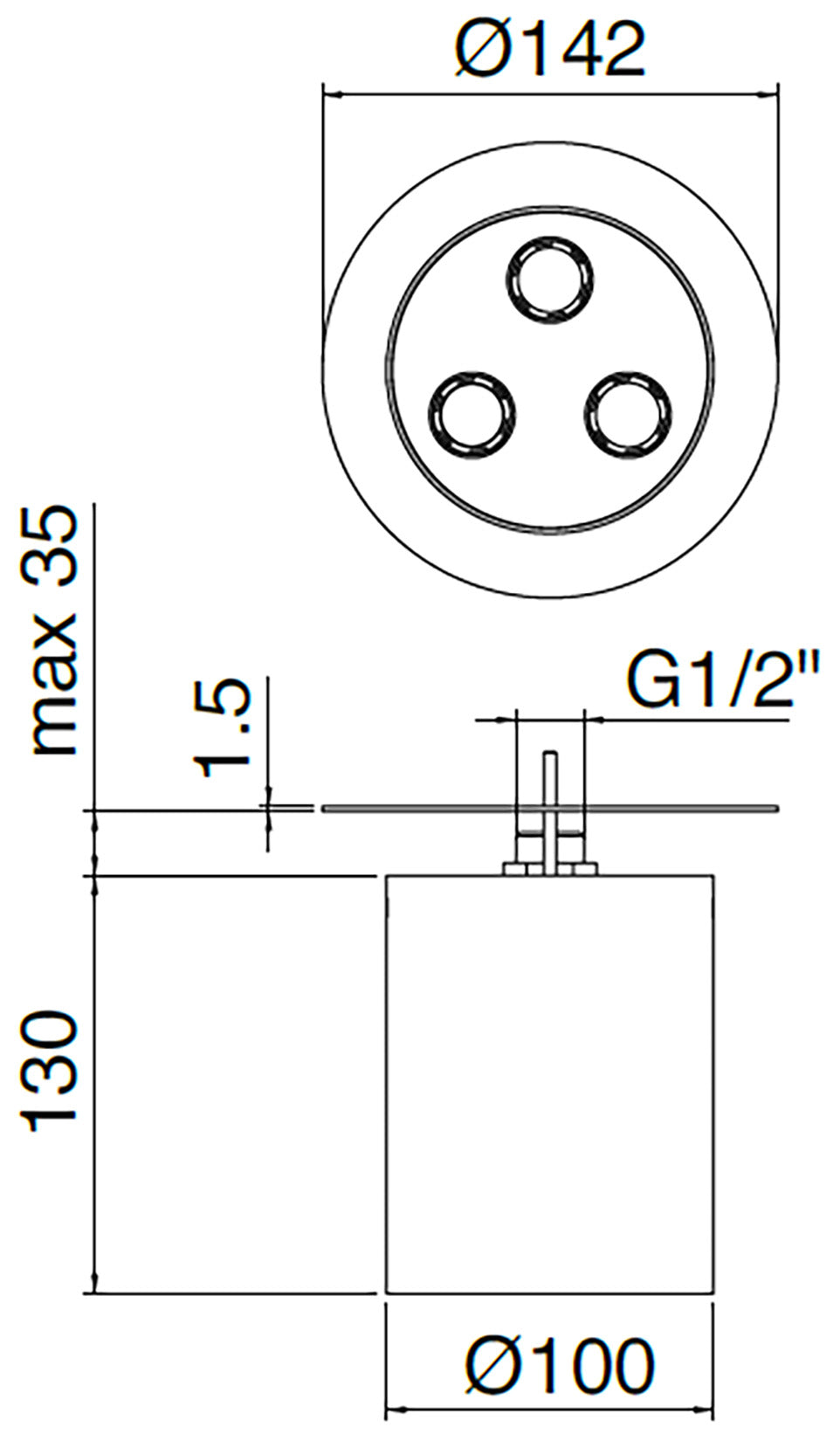 Rubinetterie Treemme 3M WaterTube IT RTBR 419 IS Soffione Doccia A Soffitto Forma Rotonda Cilindrica Uscita Acqua a Getto Diametro Ø 142 mm Altezza 130 mm Stile Moderno Acciaio Finitura Inox Spazzolato Opaco