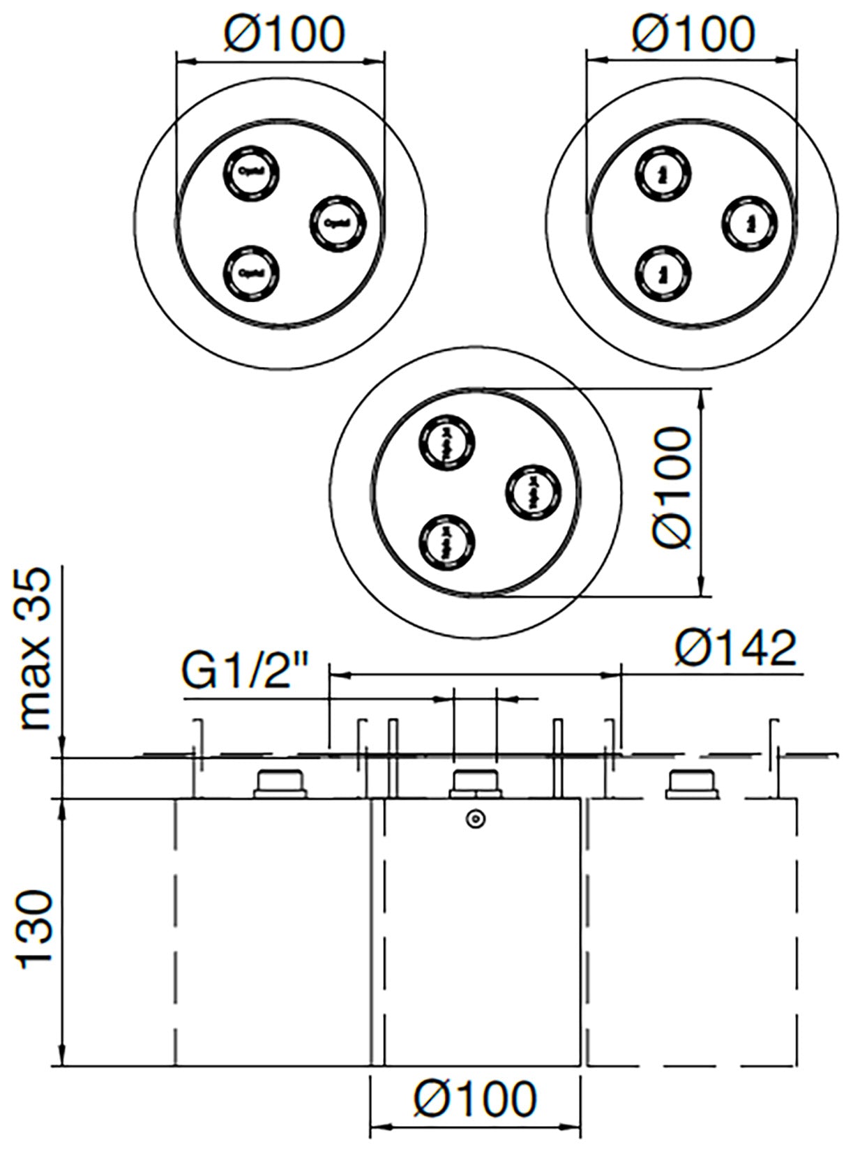 Rubinetterie Treemme 3M WaterTube IT RTBR 420 IS Soffione Doccia A Soffitto Forma Rotonda Cilindrica 3 Funzioni Uscita Acqua Pioggia Nebulizzatore Getto Diametro Ø 142 mm Altezza 130 mm Stile Moderno Acciaio Finitura Inox Spazzolato Opaco