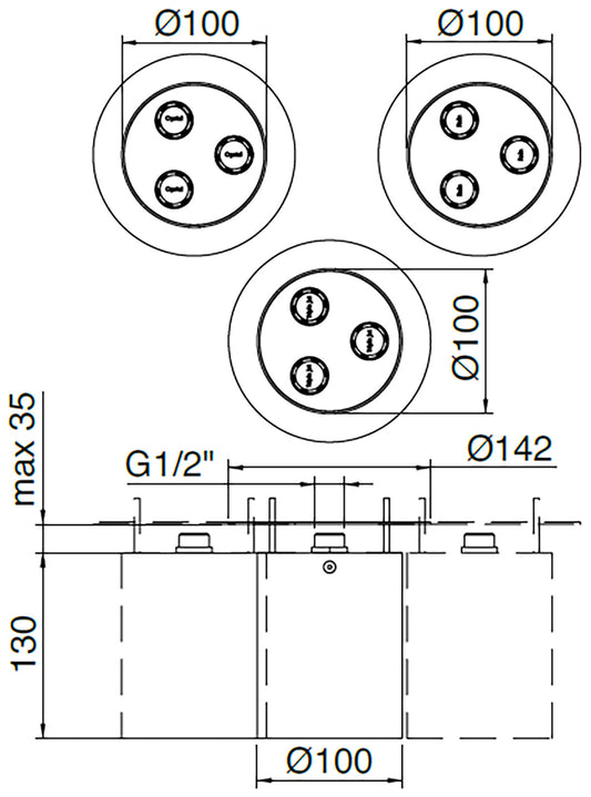 Rubinetterie Treemme 3M WaterTube IT RTBR 420 IS Soffione Doccia A Soffitto Forma Rotonda Cilindrica 3 Funzioni Uscita Acqua Pioggia Nebulizzatore Getto Diametro Ø 142 mm Altezza 130 mm Stile Moderno Acciaio Finitura Inox Spazzolato Opaco