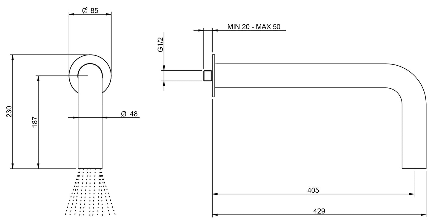 Rubinetterie Treemme 3M WaterTube RWIT 4A47 IS 02 Soffione Doccia Parete Forma Tubo Canna a "L" Funzione Uscita Acqua Pioggia Diametro Ø 48 mm Lunghezza 429 mm Altezza 230 mm Stile Moderno Acciaio Finitura Inox Spazzolato Opaco