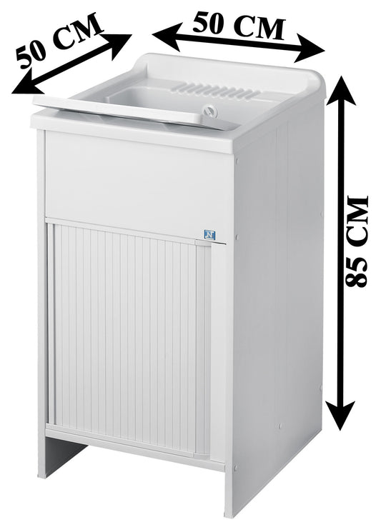 Negrari Kit Esterni Roc Mobile Lavatoio Lavapanni Misura L50P50H85 50x50 H85CM Bianco Kit Montaggio Lavanderia Anta Sportello Scorrevole Serrandina Serranda Orizzontale Interno Esterno Bianco Mobile Pilozzo Vasca Plastica Resina Sifone Completo Piedini Re