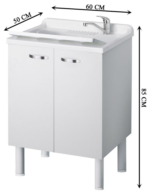 Negrari Arcobaleno Lavatoio per Interno Misura 60x50 L60 P50 H85 cm Colore Bianco Mobile Nobilitato Idrofugo Legno Sportelli Squadrati Vasca in Resina Asse Lavaggio in Polipropilene Sifone Autopulente Completo di Troppopieno Piedini Regolabili in Altezza