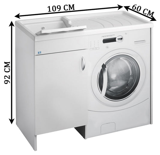 Negrari Eco Bianco Lavatoio Coprilavatrice Montato Vasca Sinistra SX Copri Lavatrice Destra DX Proteggi Mobile Lavapanni Anta Sportello Porta Battente Legno Nobilitato Idrofugo Lavabo Asse Resina Plastica Interno Bagno Lavanderia L109 P60 109x60 H92 cm