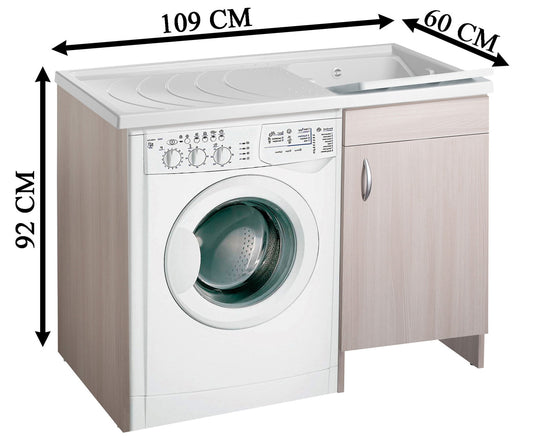 Negrari Eco Mobile Lavatoio Coprilavatrice Montato Vasca Destra DX Lavatrice Sinistra SX Colore Olmo Anta Battente Struttura Legno Nobilitato Idrofugo Vasca Asse Plastica Interno Bagno Lavanderia L109 P60 109x60 H92 cm