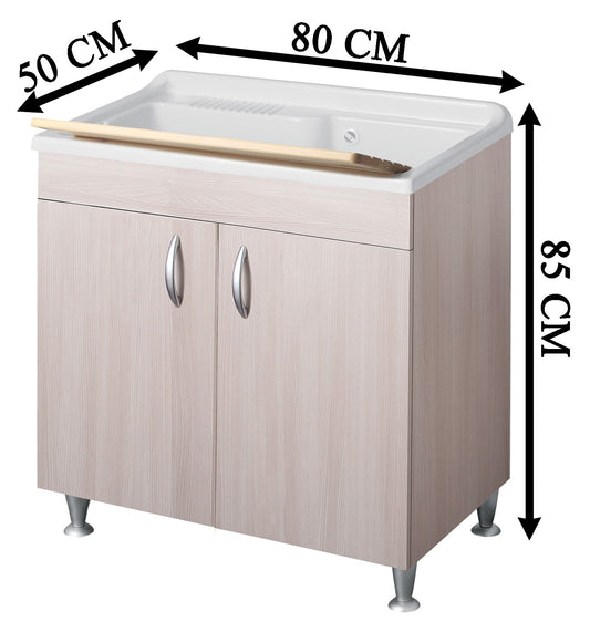 Negrari Eco Lavatoio Montato Misura 80x50 L80 P50 H85 cm Colore Olmo Interno Bagno Lavanderia Base Mobile Nobilitato Idrofugo Legno Vasca Grande Polipropilene Asse Lavaggio Pino Verniciato Piedini Regolabili Ante Battenti Economico Qualità Medio Alta