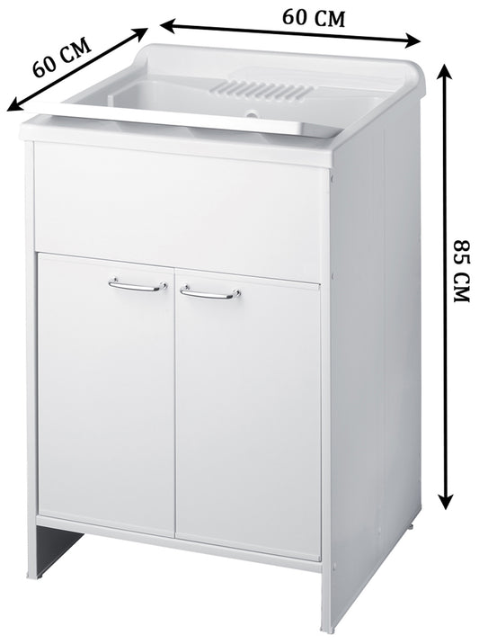 Negrari Kit Garden Mobile Lavatoio Lavapanni Misura L60P60H85 60x60 H85 CM Bianco Montaggio Lavanderia Bagno 2 Due Ante Sportello Battente Interno Esterno Pilozzo Vasca Asse Lavaggio Lavabo Plastica Resina PVC Sifone Resistente Acqua Umidità Pioggia Sole