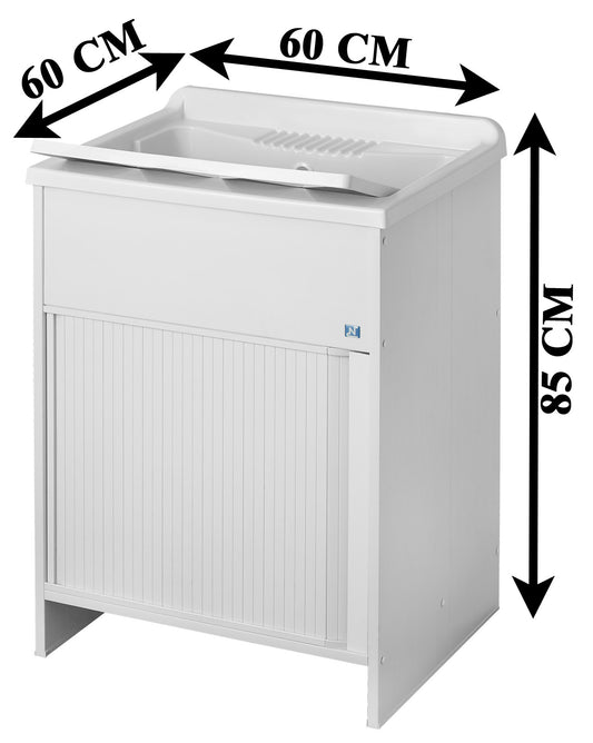 Negrari Kit Esterni Roc Mobile Lavatoio Lavapanni Misura L60P60H85 60x60 H85CM Bianco Kit Montaggio Lavanderia Anta Sportello Scorrevole Serrandina Serranda Orizzontale Interno Esterno Bianco Mobile Pilozzo Vasca Plastica Resina Sifone Completo Piedini Re