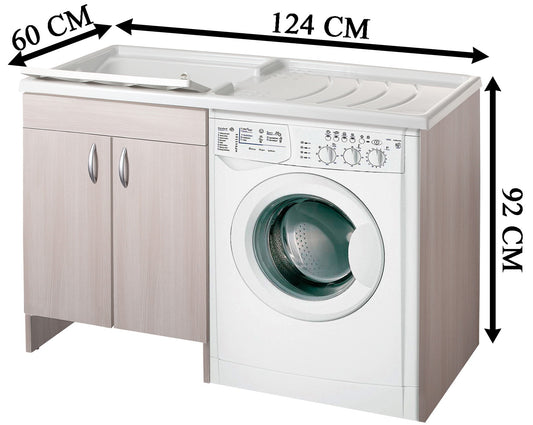 Negrari Eco Mobile Lavatoio Coprilavatrice Montato Vasca Sinistra SX Lavatrice Destra DX Colore Olmo Anta Battente Struttura Legno Nobilitato Idrofugo Vasca Termoformatura Asse Polipropilene Interno Bagno Lavanderia L124 P60 124x60 H92 cm