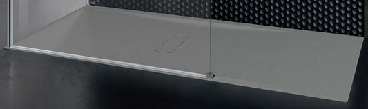 Piatto Doccia Novellini Custom Touch Dimensione 120x100 Altezza Spessore 3,5 cm Colore Grigio Installazione Appoggio Filo Pavimento Sagomabile Superficie Effetto Pietra Materiale Metacrilato Compreso Piletta Scarico e Copri Piletta