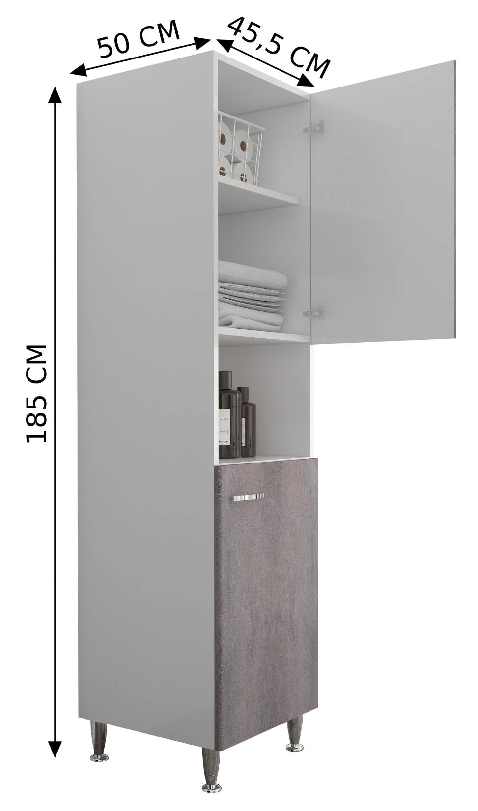 Negrari Comfort FC3006DCGSX Colonna Bianco Corten Grigio 45x50 H185 cm Per Interno Lavanderia Bagno Mobile a Terra Montato in Legno Nobilitato Idrofugo Piedini Apertura Ante Battenti Angoli Squadrati Sportelli Chiusura Rallentata Maniglie Sinistra Ripiano