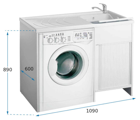 Negrari Esterni Roc 4008DX Lavatoio Coprilavatrice Montato Bianco 109x60 H89 cm Vasca Destra Copri Lavatrice Sinistra Mobile PVC Chiusura Serrandina Vasca Asse Polipropilene Scarico Sifone Piedini Regolabili Per Lavanderia Interno Esterno Ambienti Umidi