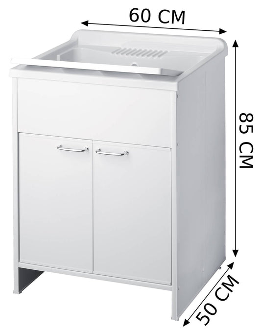 Negrari Garden 9002 Lavatoio Colore Bianco 60x50 H85 cm Mobile in PVC Resistente All’Acqua Apertura Battente Vasca Asse Lavaggio Polipropilene Fornito Montato Piedini Regolabili Per Lavanderia Interno Esterno Ambienti Umidi Con Scarico Sifone Troppopieno