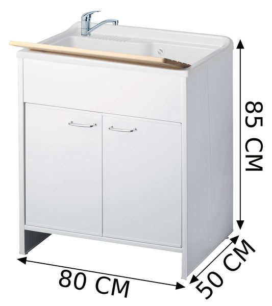 Negrari Garden 9010 Lavatoio Colore Bianco 80x50 H85cm Mobile PVC Resistente All’Acqua Apertura Battente Vasca Polipropilene Asse Lavaggio Legno Verniciato Fornito Montato Piedini Regolabili Per Lavanderia Interno Esterno Ambienti Umidi Con Scarico Sifone