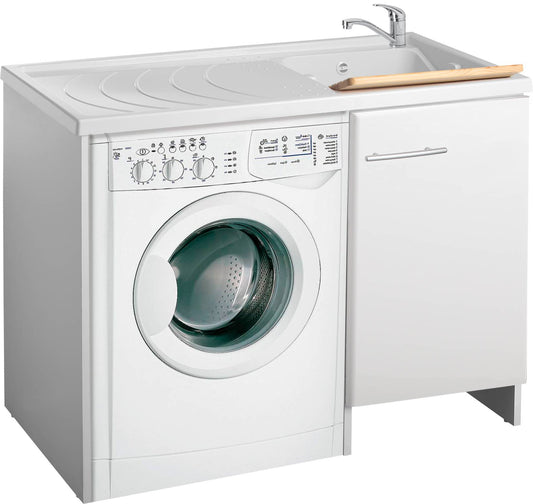 Negrari Magica 2008CSDX Lavatoio Coprilavatrice Montato Bianco 109x60 H89 cm Vasca Destra Lavatrice Sinistra Mobile Lavanderia Nobilitato Idrofugo Lavabo Polipropilene Asse Legno Anta Rallentata Fondo Alluminio Cesto Scorrevole Sifone Piletta Piedini