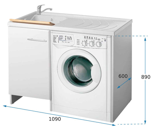 Negrari Magica 2008SX Lavatoio Coprilavatrice Montato Bianco 109x60 H89 cm Vasca Sinistra Lavatrice Destra Mobile Lavanderia Nobilitato Idrofugo Anta Lucida Lavabo Polipropilene Asse Legno Chiusura Rallentata Salvafondo Alluminio Sifone Piletta Piedini