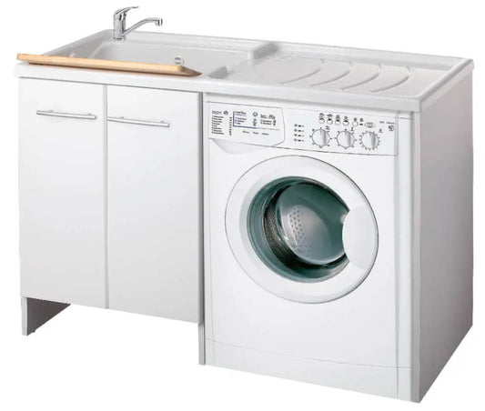 Negrari Magica 2800CSSX Lavatoio Coprilavatrice Montato Bianco 124x60 H89 cm Vasca Sinistra Lavatrice Destra Mobile Lavanderia Nobilitato Idrofugo Lavabo Polipropilene Asse Legno Anta Rallentata Fondo Alluminio Cesto Scorrevole Sifone Piletta Piedini