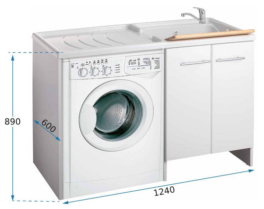 Negrari Magica 2800DX Lavatoio Coprilavatrice Montato Bianco 124x60 H89 cm Vasca Destra Lavatrice Sinistra Mobile Lavanderia Nobilitato Idrofugo Ante Lucide Lavabo Polipropilene Asse Legno Chiusura Rallentata Salvafondo Alluminio Sifone Piletta Piedini