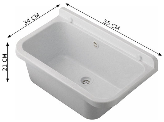 Negrari Pilozzo 55 2051AM Vasca Marmo Bianco 55X34 H21 cm Capacità 18 Litri Lavabo Muro in Polipropilene Resistente Agenti Atmosferici Acidi Prodotti Chimici Adatto Per Interno Esterno Bagno Lavanderia Con Alzatina Sifone Piletta Troppopieno Kit Fissaggio