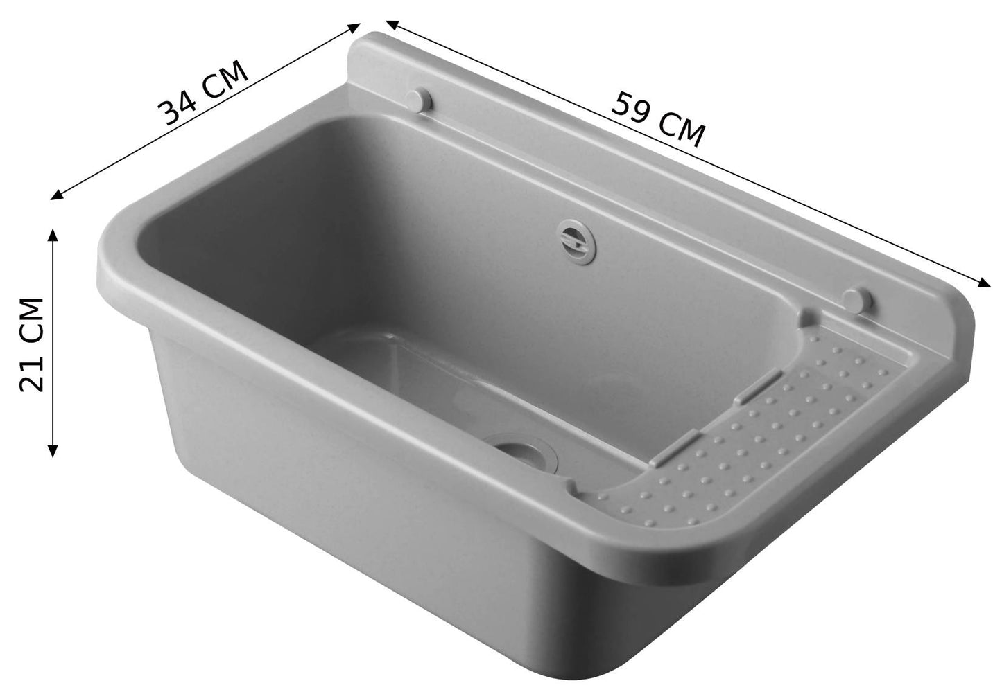 Negrari Pilozzo 60 2051BM Vasca Marmo Bianco 59X34 H21 cm Capacità 17 Litri Lavandino Muro in Polipropilene Resistente Agenti Atmosferici Acidi Prodotti Chimici Adatto Per Interno Esterno Bagno Lavanderia Con Appoggio Ripiano Sifone Piletta Kit Fissaggio