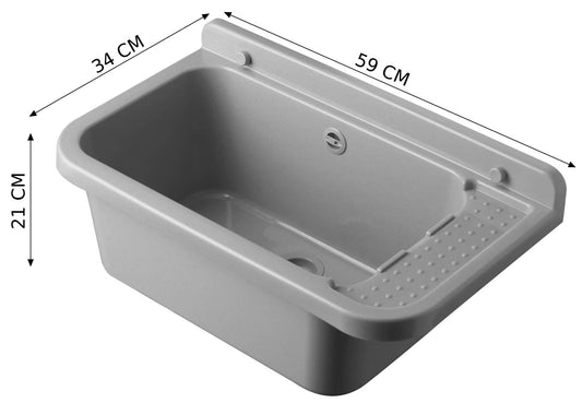 Negrari Pilozzo 60 2051BM Vasca Marmo Bianco 59X34 H21 cm Capacità 17 Litri Lavandino Muro in Polipropilene Resistente Agenti Atmosferici Acidi Prodotti Chimici Adatto Per Interno Esterno Bagno Lavanderia Con Appoggio Ripiano Sifone Piletta Kit Fissaggio