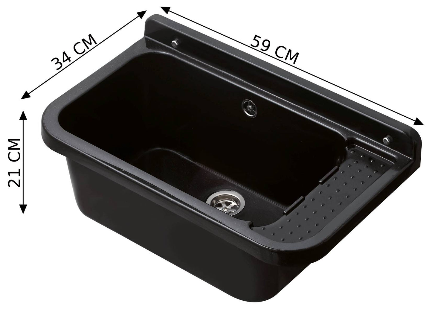 Negrari Pilozzo 60 2051BN Vasca Colore Nero 59X34 H21 cm Capacità 17 Litri Lavandino Muro in Polipropilene Resistente Agenti Atmosferici Acidi Prodotti Chimici Adatto Per Interno Esterno Bagno Lavanderia Con Appoggio Ripiano Sifone Piletta Kit Fissaggio