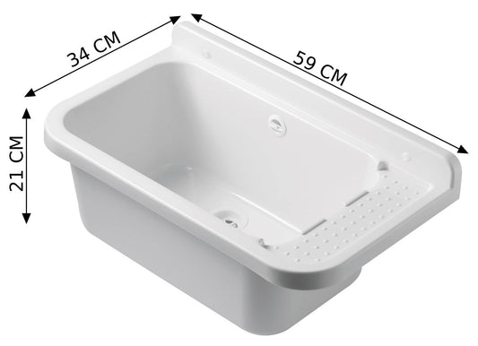 Negrari Pilozzo 60 2051B Vasca Bianco Lucido 59X34 H21 cm Capacità 17 Litri Lavabo a Muro in Polipropilene Resistente Agenti Atmosferici Acidi Prodotti Chimici Adatto Per Interno Esterno Bagno Lavanderia Con Appoggio Ripiano Sifone Piletta Kit Fissaggio