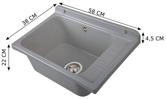 Negrari Pilozzo Plus 2051FG Vasca Colore Grigio 58x38 H26 cm Capacità 17 Litri Lavabo Muro in Polipropilene Resistente Agenti Atmosferici Acidi Prodotti Chimici Adatto Per Interno Esterno Bagno Lavanderia Con Appoggio Ripiano Sifone Piletta Kit Fissaggio