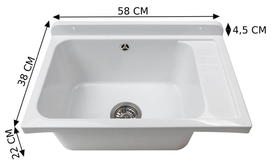 Negrari Pilozzo Plus 2051F Vasca Bianco Lucido 58x38 H26 cm Capacità 17 Litri Lavabo a Muro in Polipropilene Resistente Agenti Atmosferici Acidi Prodotti Chimici Adatto Per Interno Esterno Bagno Lavanderia Con Appoggio Ripiano Sifone Piletta Kit Fissaggio