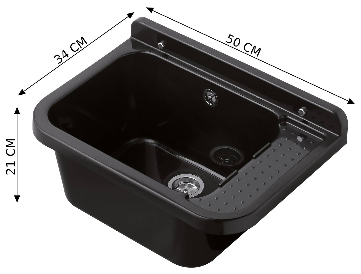 Negrari Pilozzo 2051N Vasca Colore Nero 50X34 H21 cm Capacità 13,5 Litri Lavabo a Muro in Polipropilene Resistente ad Agenti Atmosferici Acidi Prodotti Chimici Adatto Per Interno Esterno Bagno Lavanderia Con Appoggio Ripiano Sifone Piletta Kit Fissaggio