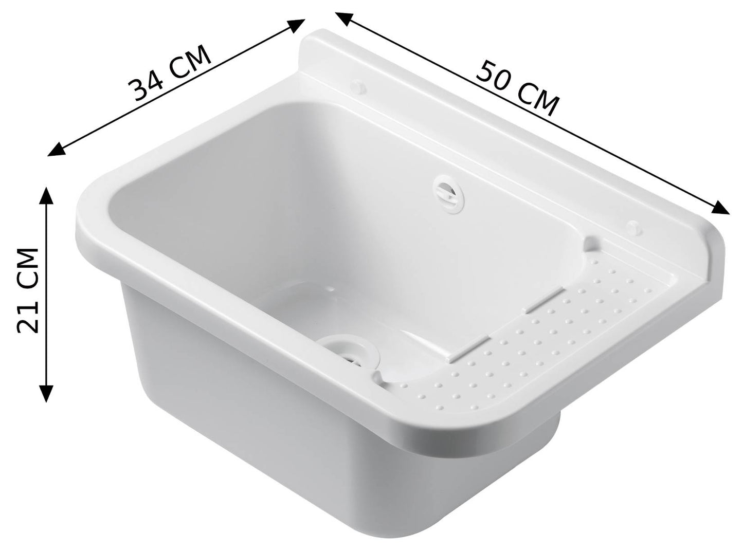 Negrari Pilozzo 2051 Vasca Bianco Lucido 50X34 H21 cm Capacità 13,5 Litri Lavabo a Muro in Polipropilene Resistente ad Agenti Atmosferici Acidi Prodotti Chimici Adatto Per Interno Esterno Bagno Lavanderia Con Appoggio Ripiano Sifone Piletta Kit Fissaggio
