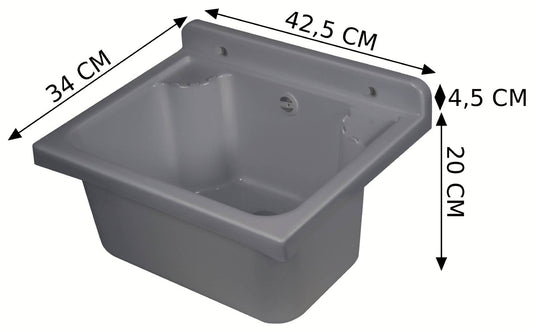 Negrari Pilozzo Mini 2051DG Lavandino Grigio 42,5x34 H20 cm Capacità 11,5 Litri Lavabo Piccolo a Muro Vasca in Polipropilene Resistente ad Agenti Atmosferici Acidi Prodotti Chimici Per Interno Esterno Bagno Lavanderia Con Appoggio Ripiani Sifone Piletta