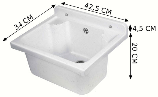 Negrari Pilozzo Mini 2051DM Lavandino Bianco Marmo 42,5x34 H20 cm Capacità 11,5 Lt Lavabo Piccolo Muro Vasca in Polipropilene Resistente ad Agenti Atmosferici Acidi Prodotti Chimici Per Interno Esterno Bagno Lavanderia Con Appoggio Ripiani Sifone Piletta