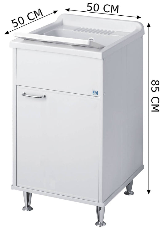 Negrari Rugiada 9043 Lavatoio Colore Bianco 50x50 H85 cm Mobile in PVC Resistente All’Acqua Apertura Battente Vasca Asse Lavaggio Polipropilene Fornito Montato Piedini Regolabili Per Lavanderia Interno Esterno Ambienti Umidi Con Scarico Sifone Troppopieno