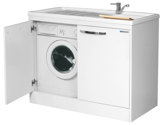 Negrari Silvestro Interno 5008 Lavatoio Copri Lavatrice Montato Bianco 109x60 H90,5 Mobile Lavanderia Nobilitato Idrofugo Chiuso Vasca Polipropilene Reversibile Sinistra Destra Chiusura 2 Ante Battenti Rallentate Asse Lavaggio Legno Sifone Piletta Piedini