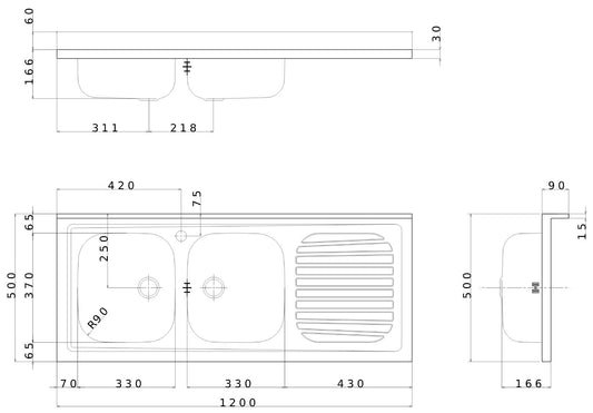 Negrari Vasche Inox 12050DX Lavello ad Incasso Lavandino per Cucina in Acciaio Misura 120x50 H16,6 cm Con Gocciolatoio Appoggio Ripiano a Destra e 2 Vasche a Sinistra Con Sifone Autopulente Completo di Piletta e Troppopieno